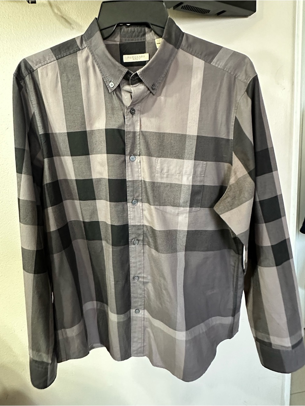 Burberry Gray and Black Plaid Button-Down Shirt